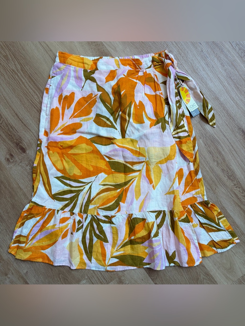 New C&C California Linen Floral Midi Skirt Orange Pink Large NWT